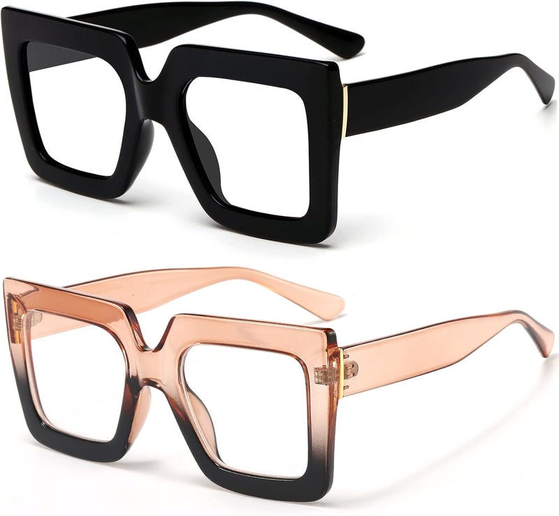 Breaksun Oversized Blue Light Glasses for Women Fashion Thick Square Computer Eyewear Non-Prescription Black Glasses (Black+ Champagne) - Image 1